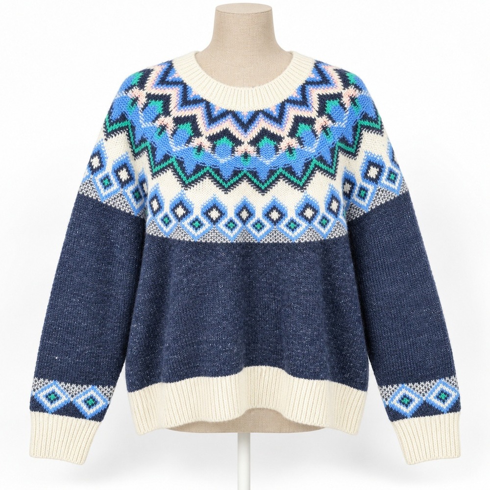 Womens Nordic Fair Isle Sweater Size M Blue Geometric Cottagecore Apre Ski Soft